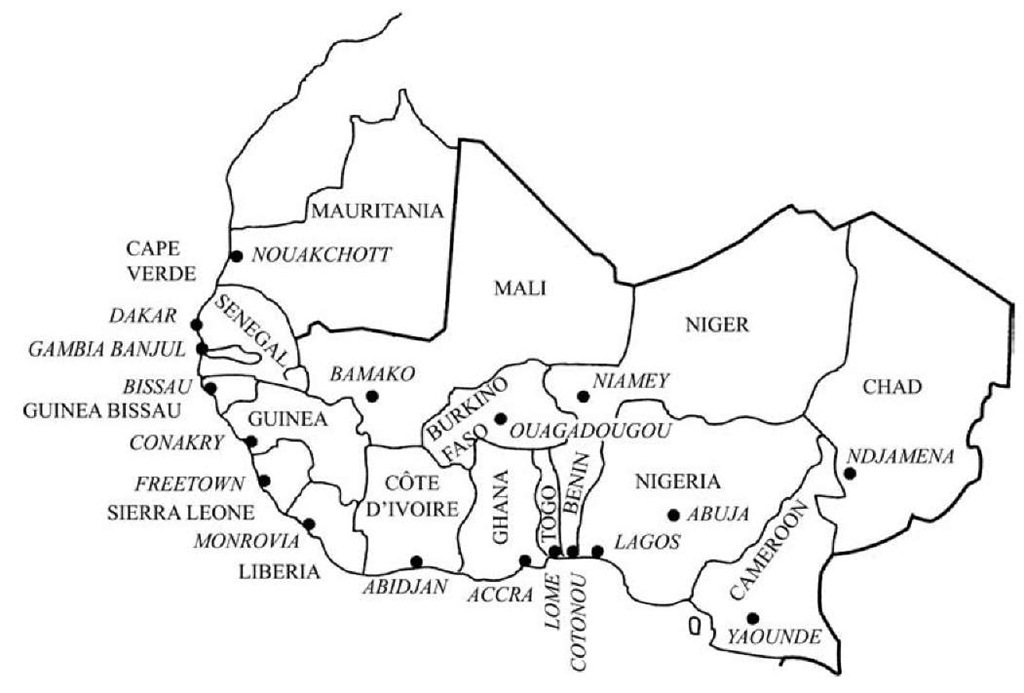 Map West Africa: contemporary states.