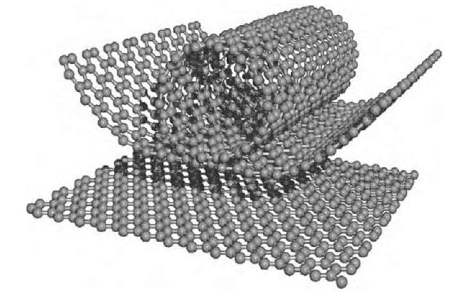 Schematic diagram of an individual carbon layer in the honeycomb graphite lattice called a graphene layer, and how it can be rolled to form a carbon nanotube. 