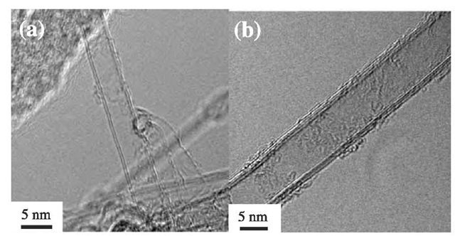 (a) Double-wall carbon nanotube and (b) a four-wall carbon nanotube produced by a catalytic CVD method.