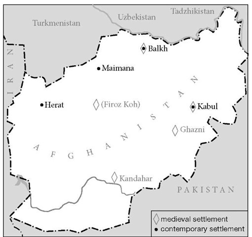 Map of Afghanistan showing places of Jewish settlement in the Middle Ages and modern times. 