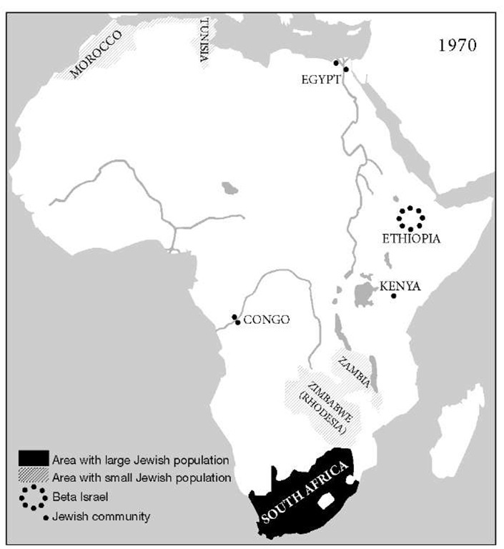 Main concentrations of Jewish population on the African continent at different periods. 