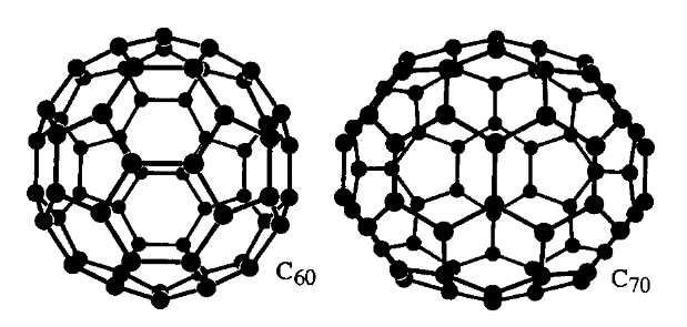 Structure of most significant fullerenes C60 and C70. The C60 molecule is shaped like a soccer-ball and its cage is about 0.7 nm in diameter. All fullerenes exhibit hexagonal and pentagonal rings of carbon atoms.