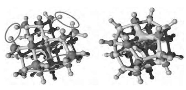 Structure of a 0.7-nm 29-carbon atom cluster. Left: The fully hydrogenated cluster. Right: The result of surface reconstruction induced by the removal of six pairs of hydrogen atoms (circled on the left). Carbon atoms are in light grey; hydrogen atoms are in dark grey. The isosurfaces represent the lowest unoccupied molecular orbital (LUMO; here located on the C—H bonds) and the highest occupied molecular orbital (HOMO; here located at the center of the cluster) drawn at 30% of their maximal value. 
