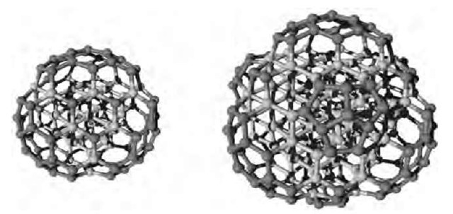 C147 and C275 bucky diamonds. The diamond core atoms are represented in light grey. 