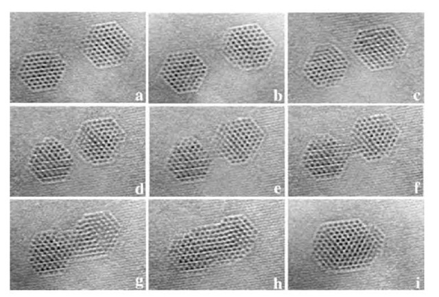 Migration and coalescence of two isolated crystalline Xe precipitates during continuous 1-MeV electron irradiation. Measured from the first image, the elapsed times at which video frames were recorded are (a) 0, (b) 101, (c) 418, (d) 549, (e) 550, (f) 551, (g) 561, (h) 584, and (i) 727 sec.