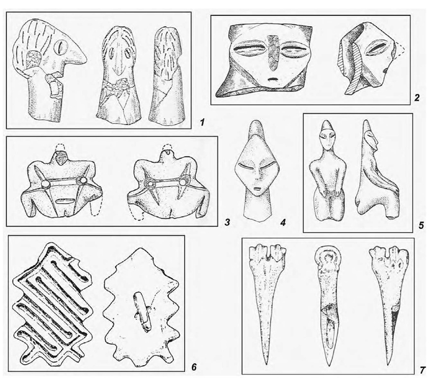 Examples of figurines and tools (from Gimbutas, Winn, and Shimabuku 1989), measurements: height, width in centimeters: (1) head with coiffeur (from "shrine" of Achilleion IV), baked clay, 6.1, 4.6; (2) face mask (with "coffee-bean" eyes) on rim shard (Achilleion IV), baked clay, 3.4, 2.9; (3) polished black "greenstone" frog (Achilleion I), 3.2, 2.9; (4) face mask (removable) on stand (Achilleion III/IV), mask: 3.8, 3.0, stand: 5.9, 2.0, baked clay; (5) seated figure (male god?), head reconstructed (Achilleion IV) 5.2, 3.7, baked clay; (6) labyrinthine alabaster seal or mini-game board with handle for suspension (Achilleion III), 6.3, 3.9; (7) bone awl (Achilleion III) 6.5, 2.3. 