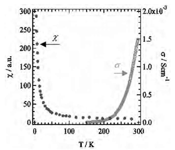 Temperature-dependent electrical conductivity (right scale) and paramagnetic susceptibility (left scale) of the LB film of (1)(F4-TCNQ)2. 