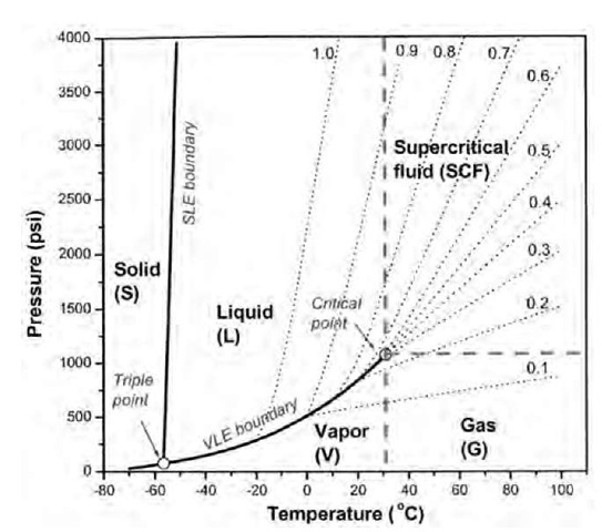 Phase diagram for CO2 with constant density lines (dot lines, g/cm3). Above the critical point (31°C and 1070 psi), the vapor-liquid equilibrium (VLE) boundary vanishes, and the supercritical state is observed. The dash lines do not represent a boundary, but for the convenience to distinguish different states of CO2. 