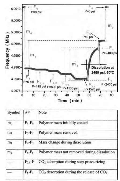  A typical experimental QCM determination for the dissolution of poly(FOMA-r-THPMA) film in scCO2 at 2400 psi and 60°C under static conditions. Detailed explanation in the text. 