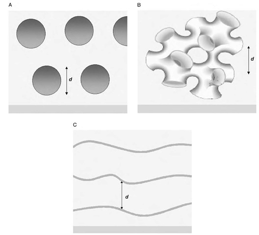 Possible morphologies giving rise to lamellar layers at the surface. (A) Vesicles aligning at the surface; (B) a sponge phase; (C) lamellar sheets, with the characteristic repeat distance d marked.  