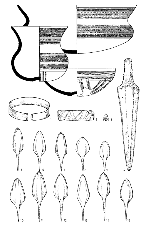 Grave offerings from Fuente Olmedo, Spain, including Beaker ceramics, gold diadem, stone wristguard, flint arrowhead, and bronze Palmela points. 