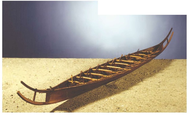 Hjortspring Model of the boat deposited in the Hjortspring bog, southern Denmark, c. 350-300 B.C. The original boat, of which little remains, was more than 19 meters long. 