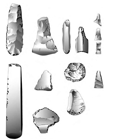 Flint artifacts from Ertebolle culture (top) and Funnel Beaker culture (bottom). Tools depicted here include axes, scrapers, and transverse arrowheads. 