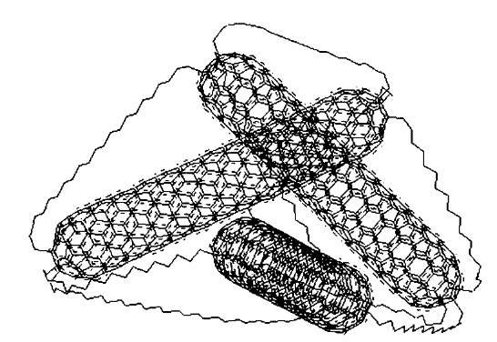 Molecular mechanics (relaxed with realistic interatomic force-field and weak van der Walls interaction) simulation of the simplest tensegrity structure c3t9 of carbon nanotube beams connected by covalently attached to the cap pentagons polyethylene chains.