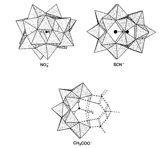 Anion-templated polyhedral V-O structures 1 (top left), 2 (top right) and 3 (below). 