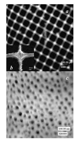 Scanning electron micrographs of the surface of ordered AAO on an evaporated aluminum film prepatterned with SiO2 microgrids (75 x 75 mm): (a) low-magnification image; (b and c) high-magnification images. 