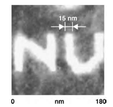 Nanoscale molecular letters written on an Au(111) surface with 16-mercaptohexadecanoic acid (MHA) molecules by DPN. 