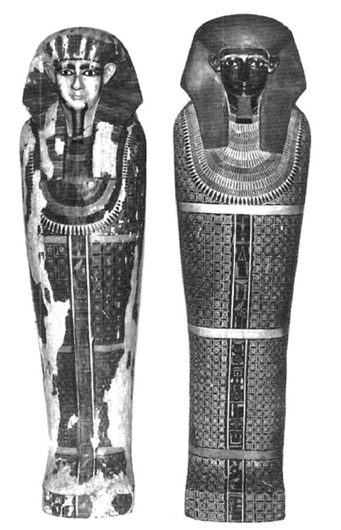 Anthropoid coffins of the two brothers, Khnum-Nakht (left) and Nekht-Ankh. These finely painted wood coffins are good examples of the geometric style of decoration popular in the Middle Kingdom.