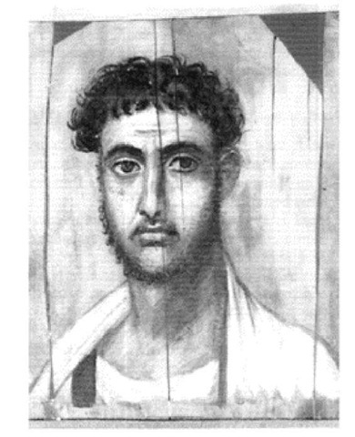 Panel portrait of a man, originally placed over the mummy's face, showing the clothing and hairstyle fashionable during the Graeco-Roman period. 
