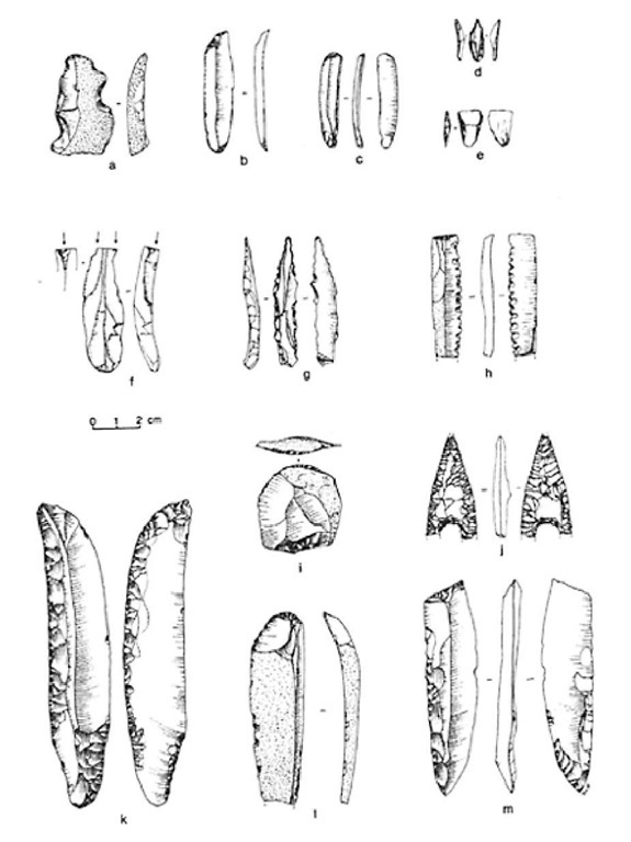 Predynastic stone tools (a) notch; (b) truncation knife; (c) micro-end-scraper (on bladelet of heat- treated flint); (d) microdrill; (e) transverse arrowhead; (f) burin; (g) perforator; (h) sickle blade; (i) end-scraper on flake; (j) concave-base projectile point; (k) blade knife; (l) end-scraper on blade; (m) truncation with backing retouch 