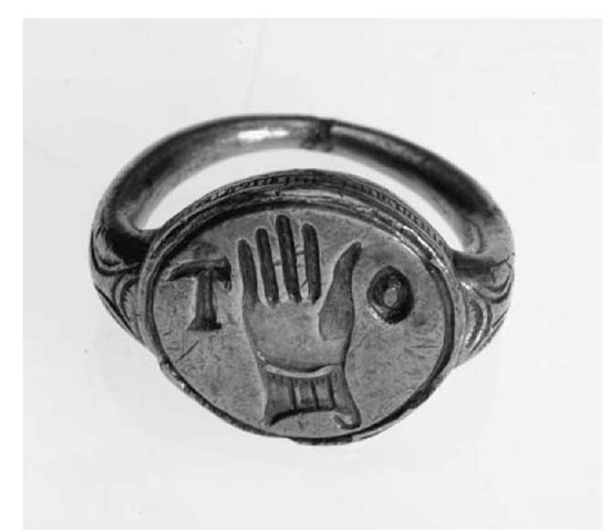 Silver signet ring with the arms of O'Neill attached to a silver chain.  