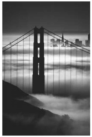 A tower of the Golden Gate Bridge rises above the fog covering San Francisco Bay.