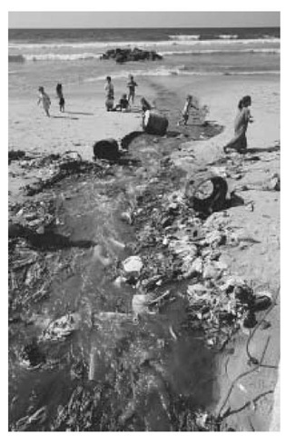 Young children play near a stream of sewage on a beach in Gaza.