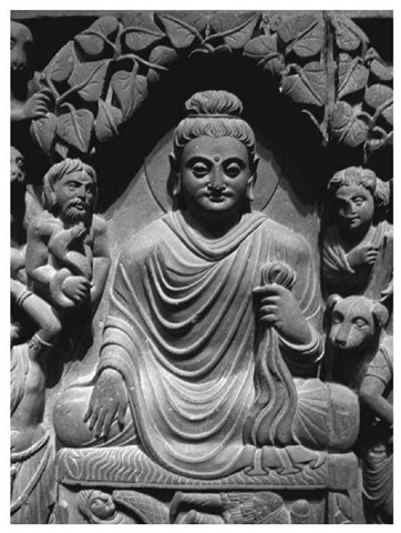 Stone image of the Buddha informing the universe of his enlightenment by touching the earth (bhumisparsa mudra); from a carved relief depicting the life of the Buddha, second to third century C.E.; originally from Gandhara, Central Asia, now in the Freer Gallery of Art, Smithsonian Museum, Washington, D.C.
