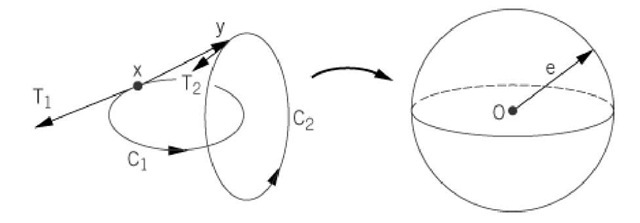 The Gauss map for calculation of the linking number. Here x is an arbitrary point on strand Cl andy is an arbitrary point on strand C 2. T1 is the unit tangent vector to strand C l at x, and T2 is the unit tangent vector to strand C2 aty. The unit vector aaceacacd4;aca = (y-x)/r, where r = vbm0;y-xvbm0;. If the unit vector e; is translated parallel to the origin, its terminus becomes a point on a sphere of unit radius, centered at the origin. Each pair of (x, y) points therefore maps to a unique point on this unit sphere. The Gauss integral for Lk measures how many times the e; vector sweeps across the surface of this sphere in a positive or negative sense. The factor 1 / 4p is the surface area of a unit sphere and normalizes the result to give the number of turns. 