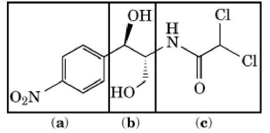 Chemical structure of chloramphenicol [D(-)-/hreo-2-dichloroacetamido-1-p-nitrophenyl-1,3-propanediol].