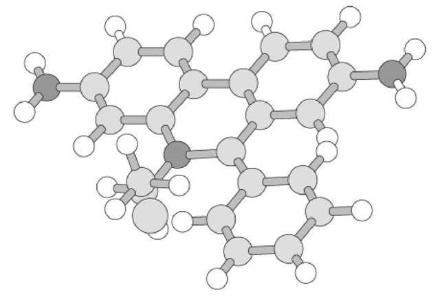 Ball-and-stick representation of the ethidium bromide molecule (phenanthridinium, 3,8-diamino-5-ethyl-6-phenyl-, bromide). RMM = 394.31. 