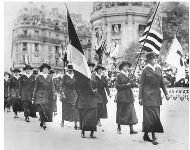 A group of Red Cross nurses headed by the late Colonel Julia Stimson, Army Nurse Corps, during a parade in Paris, France, ca. 1920. 
