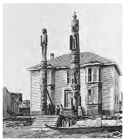 The Tlingits' wood-carving expertise is exemplified in these totem poles in front of Chief Kadashan's house in Wrangell, Alaska (1902).