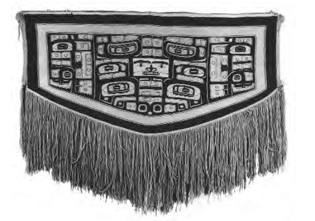 Chilkat Tlingit blankets, such as this one collected on Douglas Island off Alaska's southwest coast in the late nineteenth century, were the most intricate and sought-after textiles of the Northwest Coast. They were really ceremonial robes, and the ceremonies, in which myth was dramatized through dance, were fully as artistic as the crafts themselves.