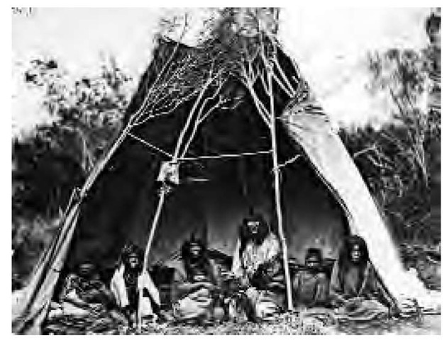 A Bannock family in camp at the head of Medicine Lodge Creek, Idaho, in 1871. Dwelling style and type was marked by great seasonal and regional diversity.