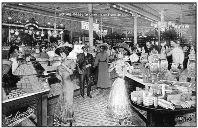 Fralinger's was a typical saltwater taffy emporium found along the Boardwalk in Atlantic City, c. 1880.