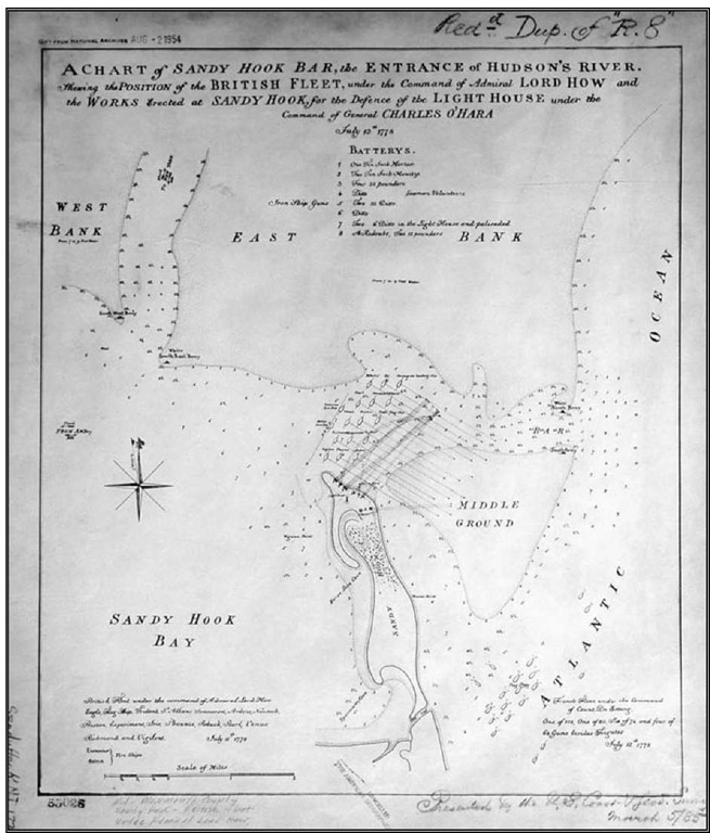 The map reads: "A chart of Sandy Hook Bar, the entrance of Hudson's River. Showing the position of the British fleet, under the command of Admiral Lord How[e], and the works erected at Sandy Hook for the defense of the light house under the command of General Charles O'Hara, July 13,1778."