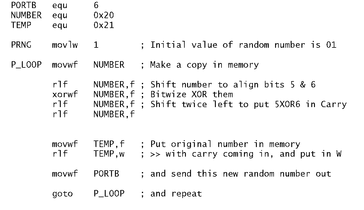 Program 3.8 A 7-bit pseudo-random number generator.