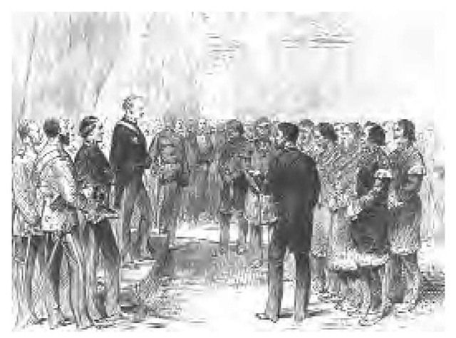 A late-nineteenth-century illustration of a Micmac delegation meeting with Lord Lorne, the governor general of Canada. In the nineteenth century, Micmacs were forced to accept non-native approval of their leadership as well as a general trimming of lands guaranteed by treaty.
