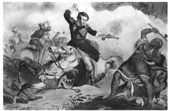 Tecumseh, a brilliant orator and military strategist, joined the British cause in the War of 1812. Although he led many successful campaigns as a general in the British Army, many Indians refused to join the war. Tecumseh was fatally shot in October 1833, as depicted in this 1846 illustration.