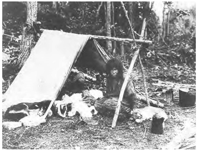 An Ahtna woman and her child. The most common type of subarctic shelter was the domed or conical lodge, consisting of poles covered with skins, boughs, or birch bark. The general status of women varied according to local custom. Some served essentially as pack animals while getting little to eat.