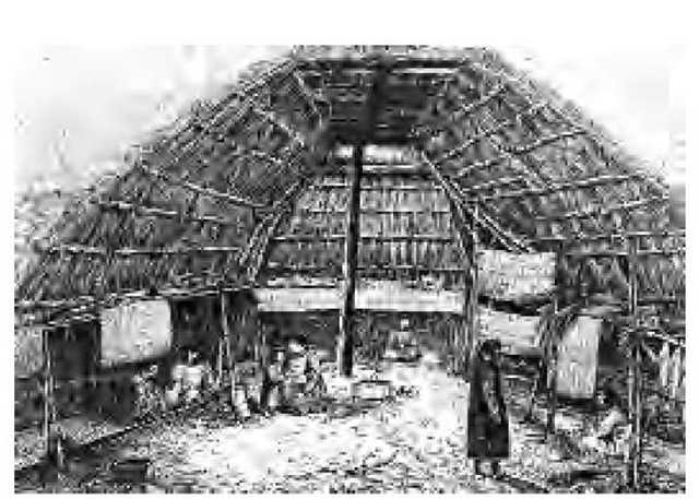 The interior of a habitation on Unalaska Island, 1778. These houses held approximately 40 people, or several nuclear families related through the male line. The largest may have been up to 240 feet long by 40 feet wide and held up to 150 people. Sleeping compartments separated by grass mats ringed a large central room. Mats also served as flooring.