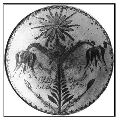 Phillip Durell, pie plate, 1793. Pottery with slip and sgraffito decoration, d. 13 3/4 in. 