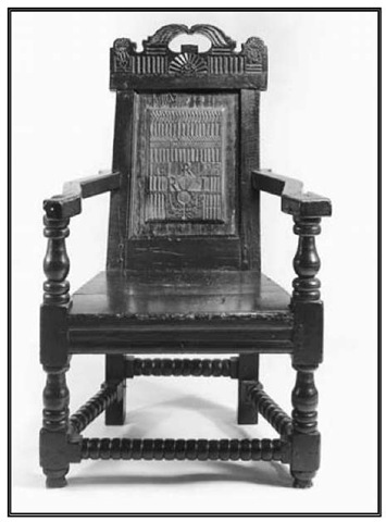 Wainscot armchair made by Robert Rhea, Freehold, 1695.