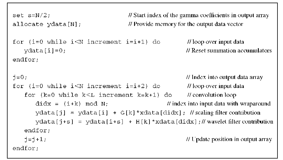 Algorithm 4.1 Wavelet subband filter. Pseudocode for one stage of the subband decomposition filter described in Equation (4.16). The input data vector is stored in xdata[], and the output will be returned in ydata[]. The length of both data vectors is N. It is assumed that the wavelet filter parameters G[k] and the scale filter parameters H[k] are provided prior to using this algorithm. The number of parameters is L. For this algorithm, N must be an even number. 