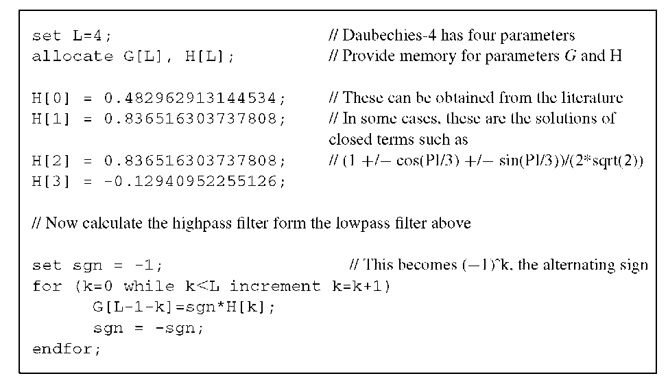 Algorithm 4.3 Wavelet filter preparation. Pseudocode for the preparation of the filter parameter arrays G[k] and H[k] for one specific example, the Daubechies-4 wavelet (see Table 4.1). This algorithm computes the wavelet filter parameters g(k) from the scale filter parameters h(k) and sets the filter length L that is required by Algorithms 4.1 and 4.2. 