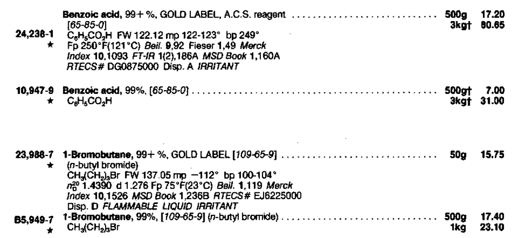 Sample entries from the Aldrich catalog, 1986-87. 