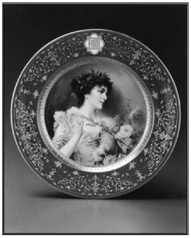 Service plate made by Ceramic Art Company, Trenton, and decorated by Bruno Geyer. The plate is one of a set of eighteen made for Gov. Franklin Murphy, c. 1903. Bone china, d. 10 3/4 in. 