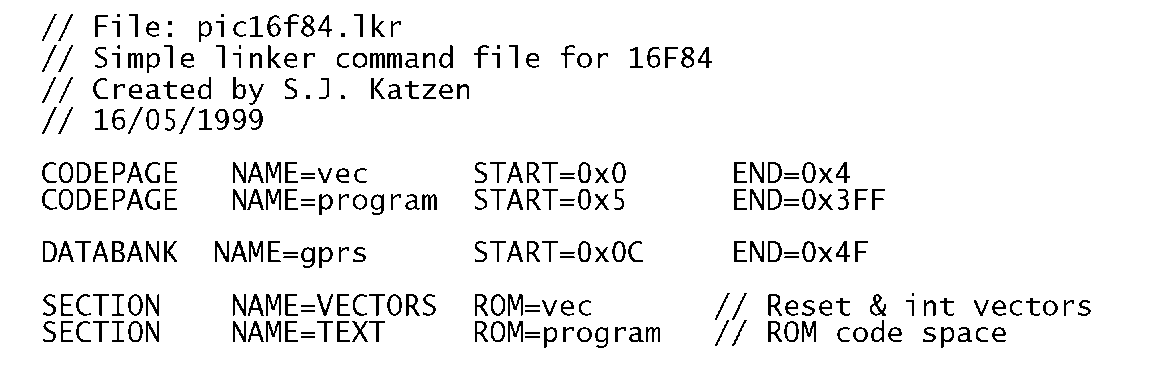 The pic16f84.lkr linker command file.