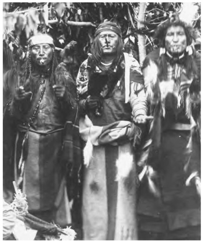 These Blackfeet blow eagle-bone whistles as part of a Sun Dance ritual to ensure good weather during the ceremony. Unlike most Plains tribes, women also participated in the Blackfeet Sun Dance. 